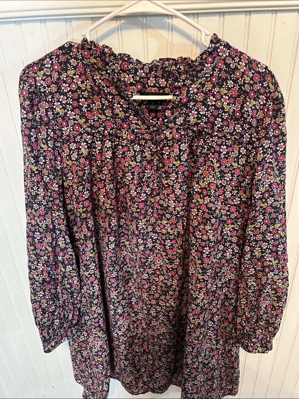 J. Crew Navy Floral Button-Up Blouse with Pink and White Flowers